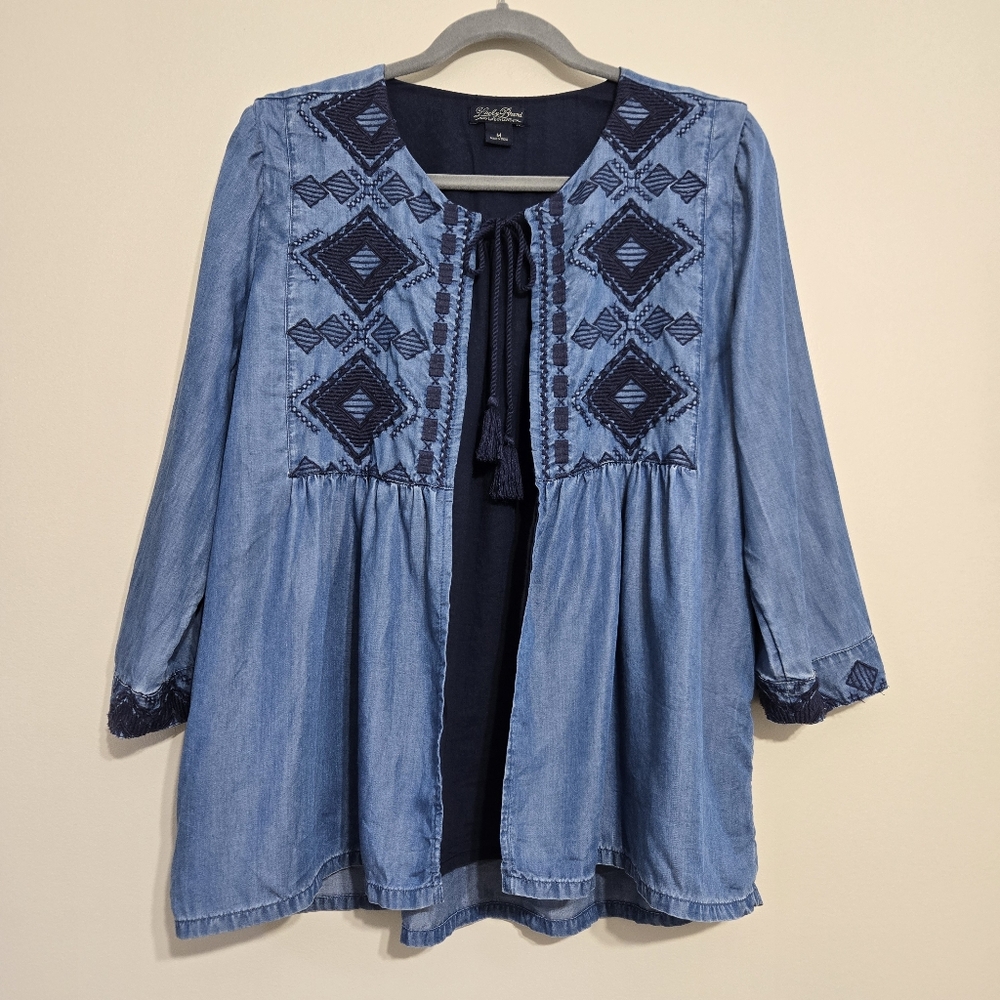 Lucky Brand Blue Embroidered Boho Denim Style Cardigan Jacket Women’s Size M